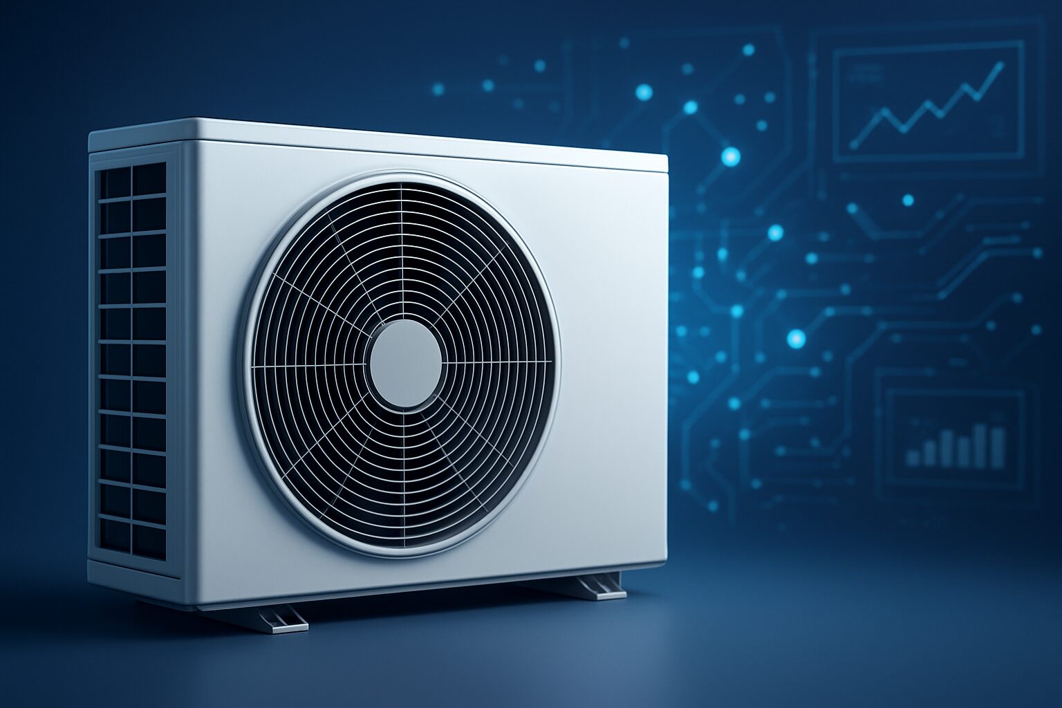 A close-up of a modern heat pump unit against a blue background with abstract technology patterns.