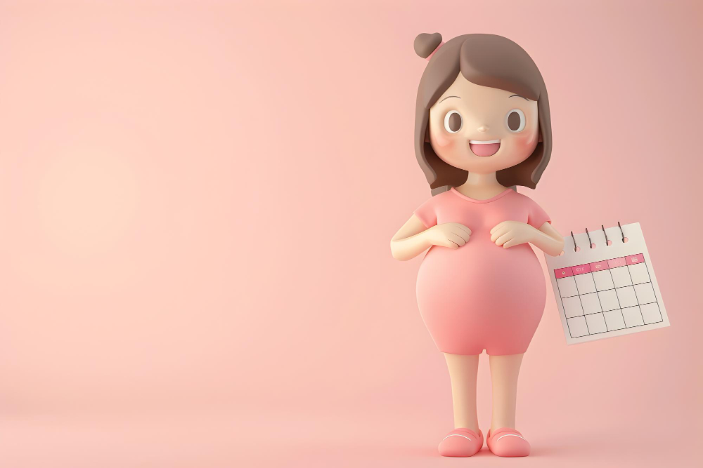 A cartoon character representing a pregnant woman holding a calendar, against a soft pink background.