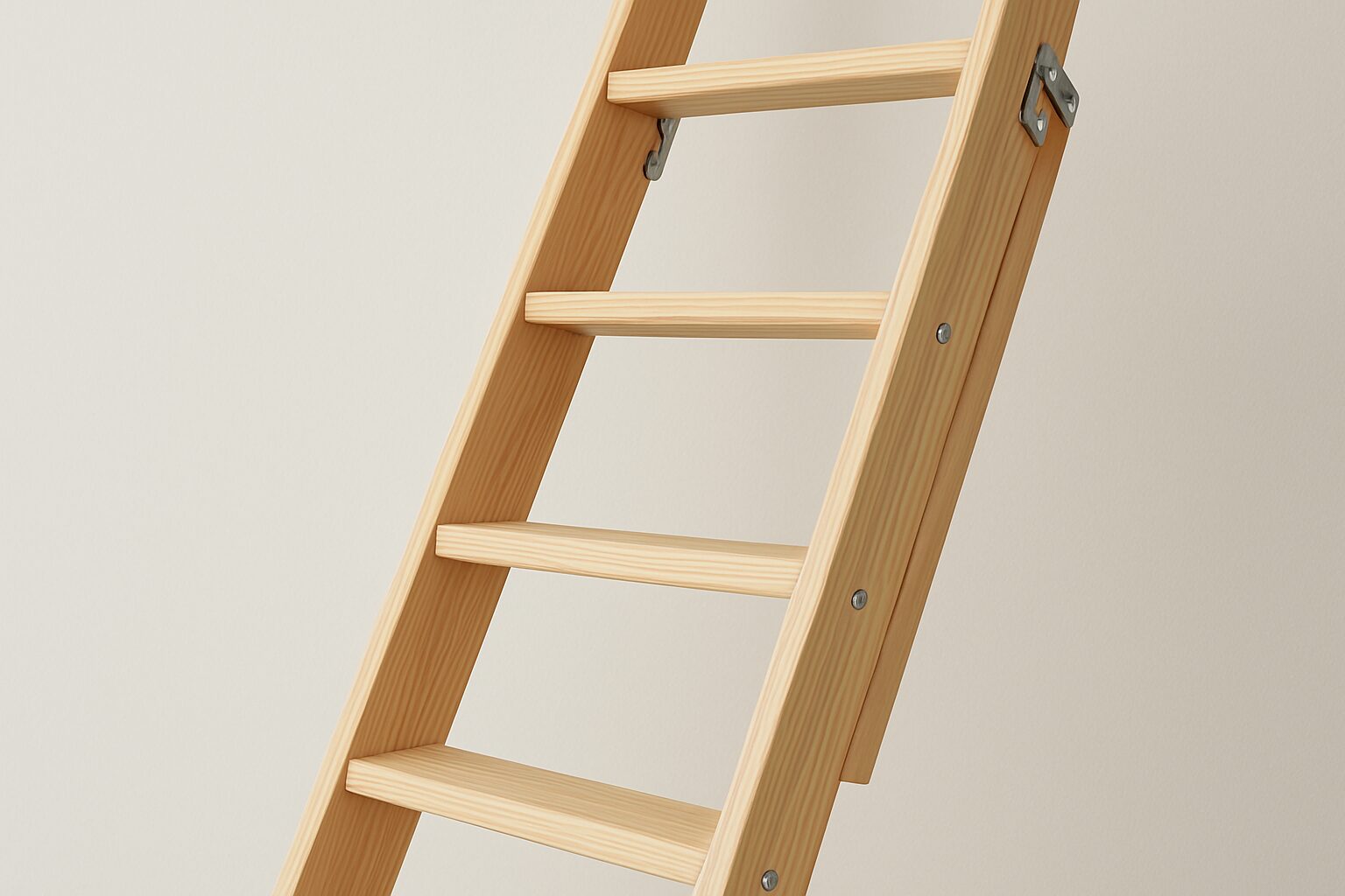 Close-up of a wooden loft ladder with visible rungs against a light background.
