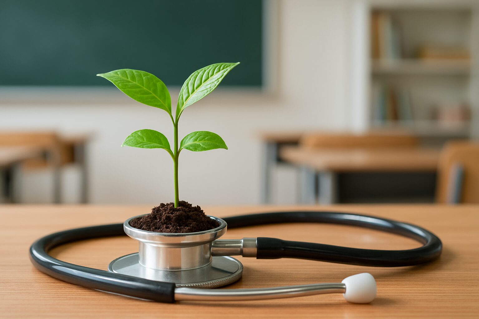 A potted plant growing from a stethoscope on a wooden table in a classroom setting.