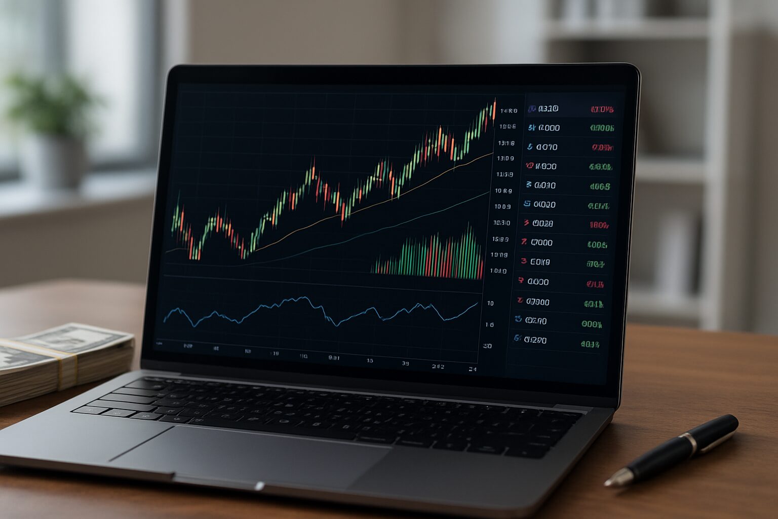 A laptop displaying forex trading charts and graphs with stacks of cash in the foreground