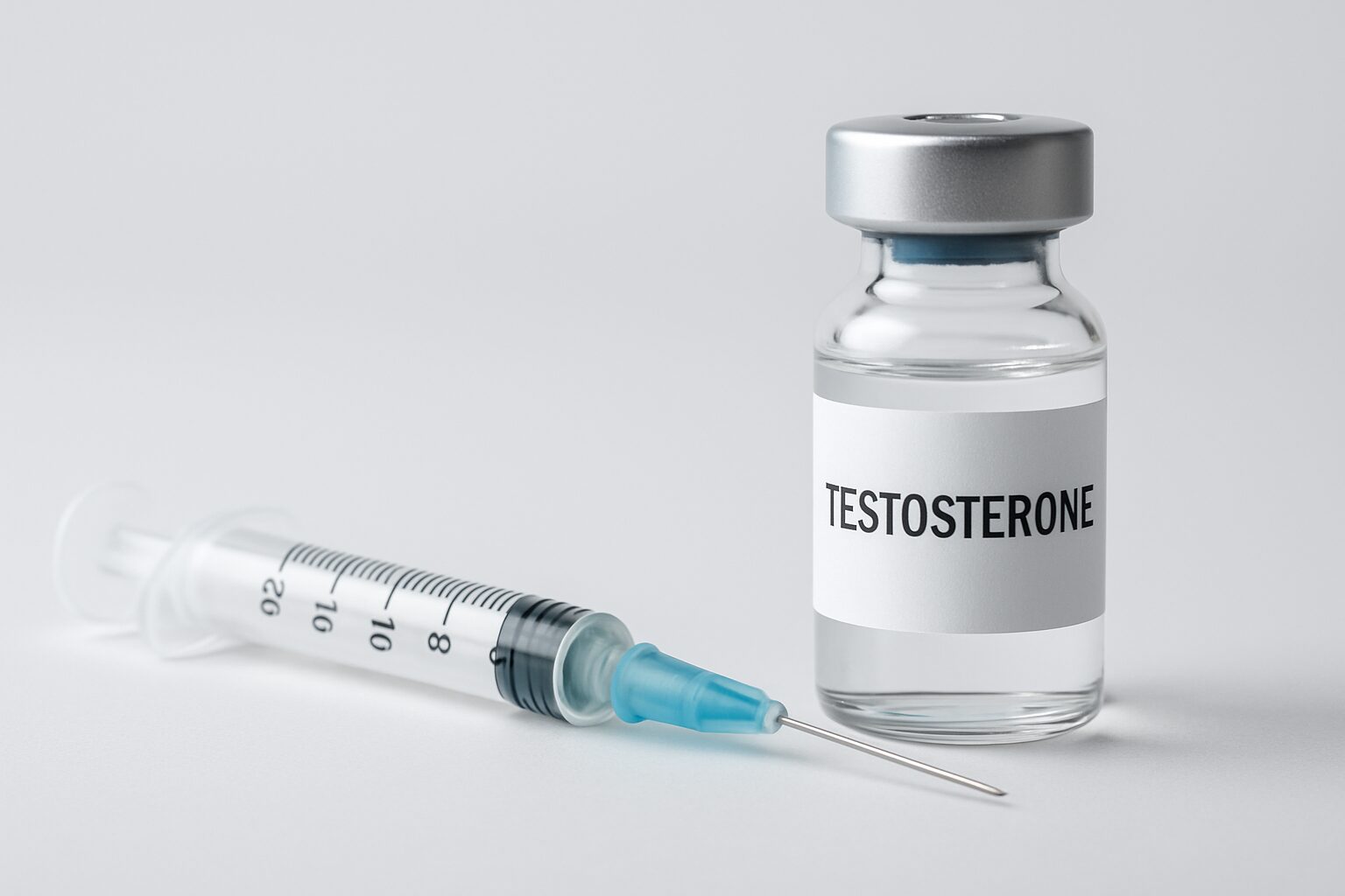 A vial of testosterone next to a syringe, depicting testosterone injection therapy.