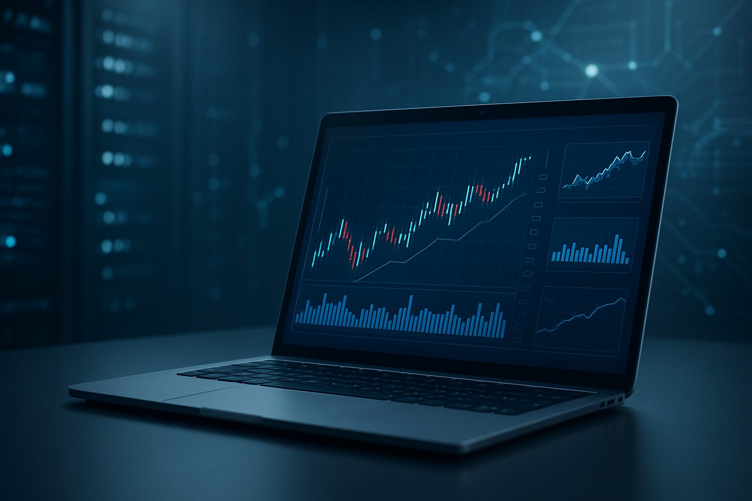 A close-up view of a laptop displaying trading charts in a dimly lit environment