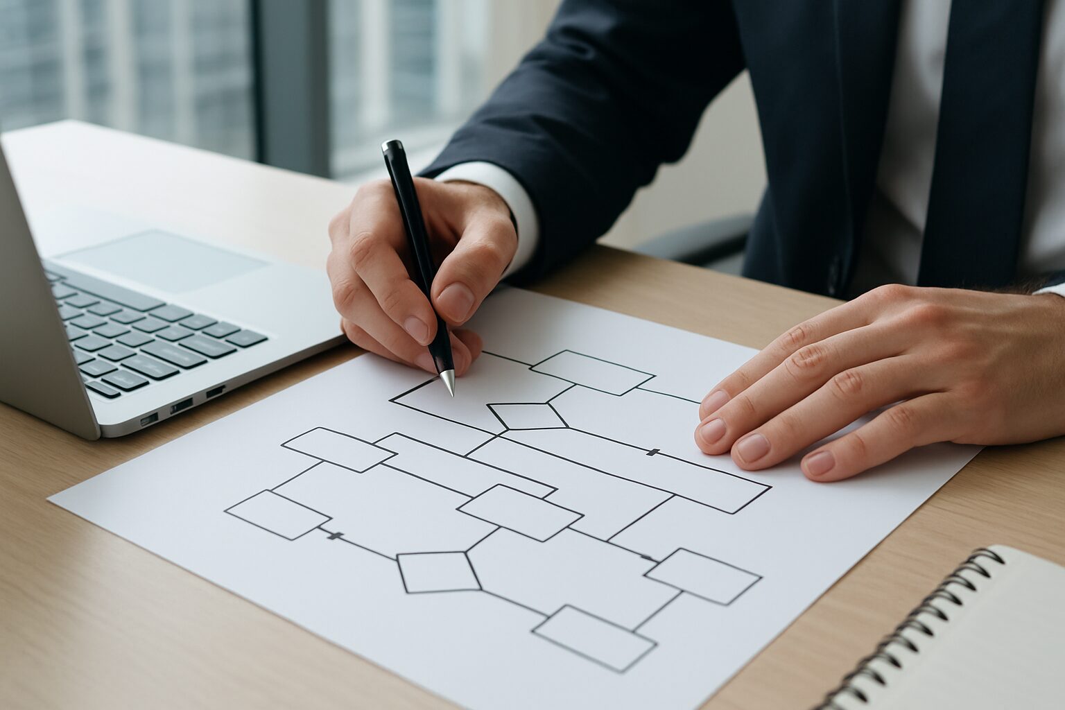 A person's hand writing on a flowchart while sitting at a desk with a laptop